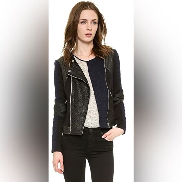 Rebecca Taylor Jackets & Blazers - Rebecca Taylor black and blue tweed and faux leather moto biker jacket 6